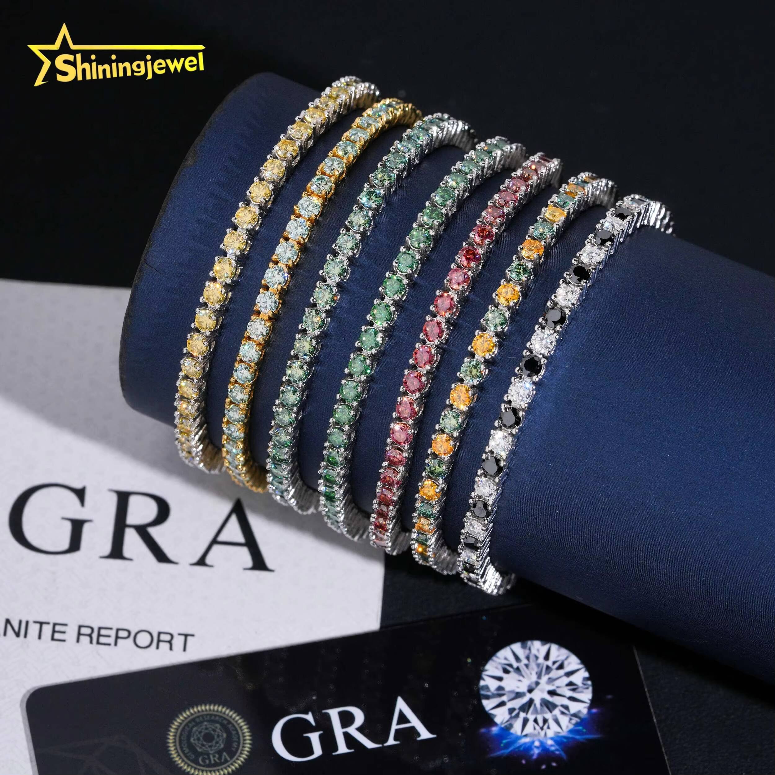 Hip Hop Jewelry 3MM Color Moissanite Diamond Tennis Bracelet 925 Silver Iced Out Moissanite Diamond Pass Diamond Tester