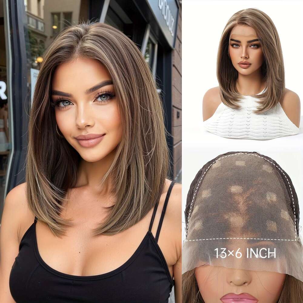 13X6 HD Transparent Front 14Inch Highlight Brown Color Short Bob Synthetic Glueless Lace With Pre Plucked Natrural Hairline Daily Wear Party-Natural L