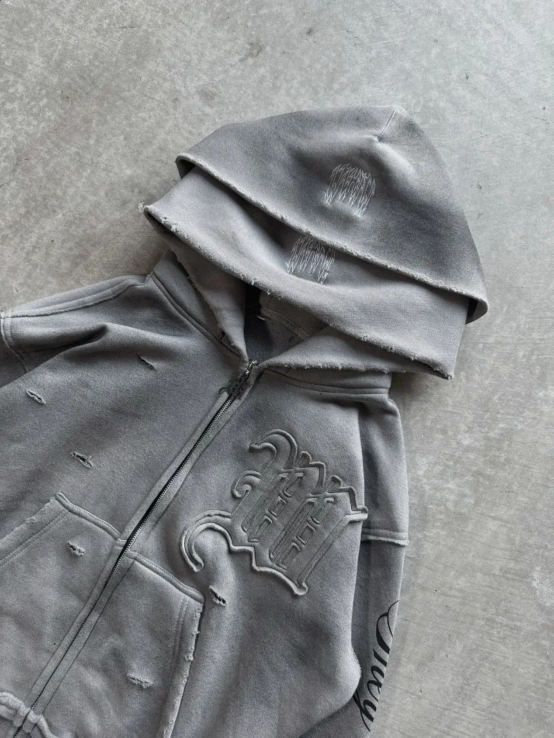 High street retro perforated embroidery American style Casual couple set Harajuku punk loose hooded sweatshirt 251027