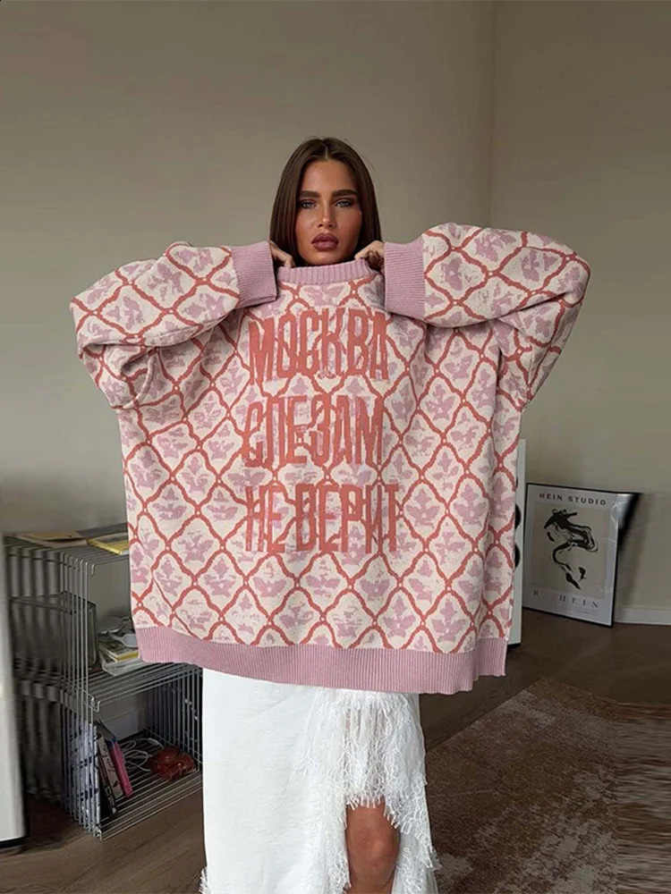 Letter Print Oversize Knit Sweater Geometric Pattern Long Sleeve 2025 Autumn Causal Women Pullover Chic Retro Preppy Lady Top 251027