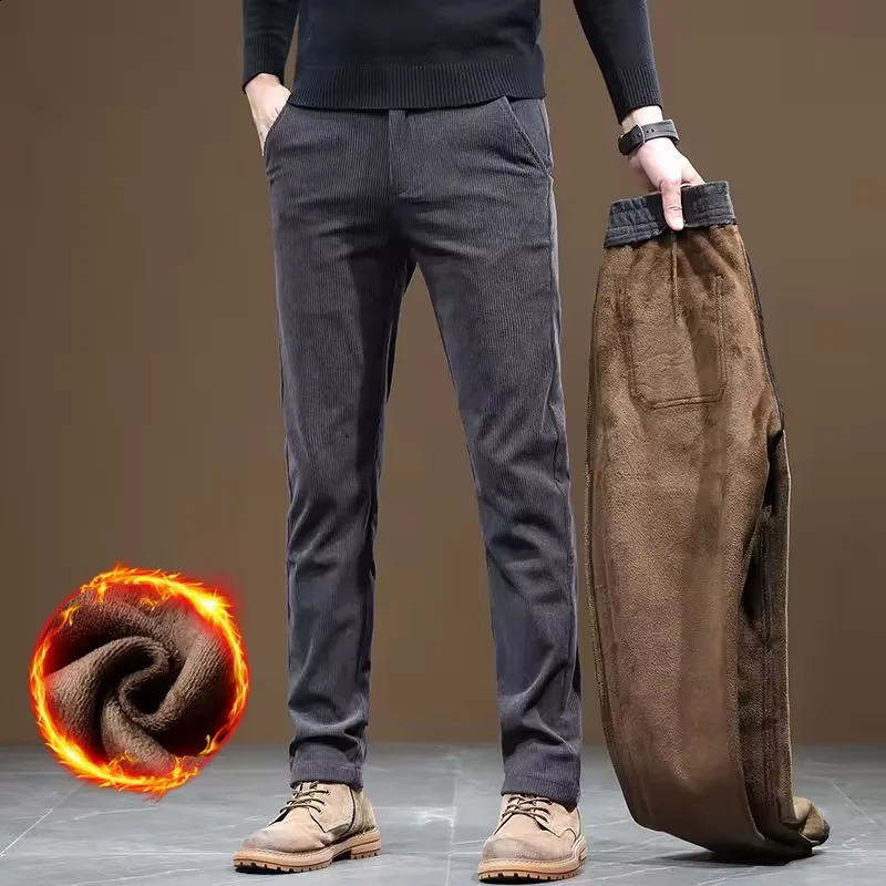 Fleece Pants Men Casual Work Business Trousers Winter Corduroy Straight Slim Outdoor Streetwear Thick Warm Sweatpants 251027
