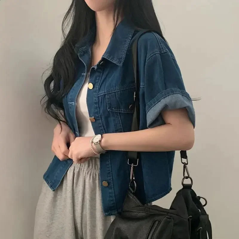 Korean Style Short Sleeve Denim Jacket Thin Outerwear Summer Vintage Womens Top Layered Clothing Cotton Material 251015