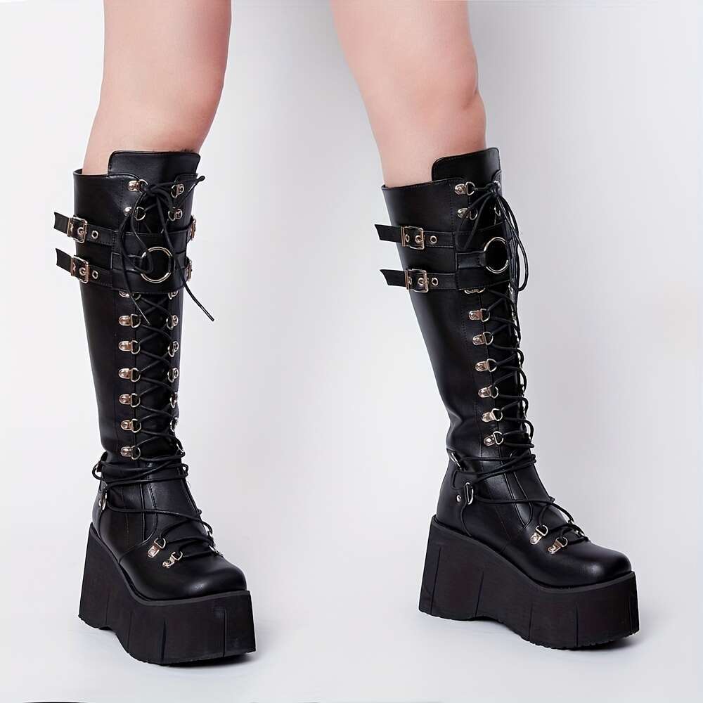Y2k Gothic Women's Round Toe Lace Up Buckle Straps Metal Eyelet Thick Sole Rock Concert Cosplay Street Combat Boots