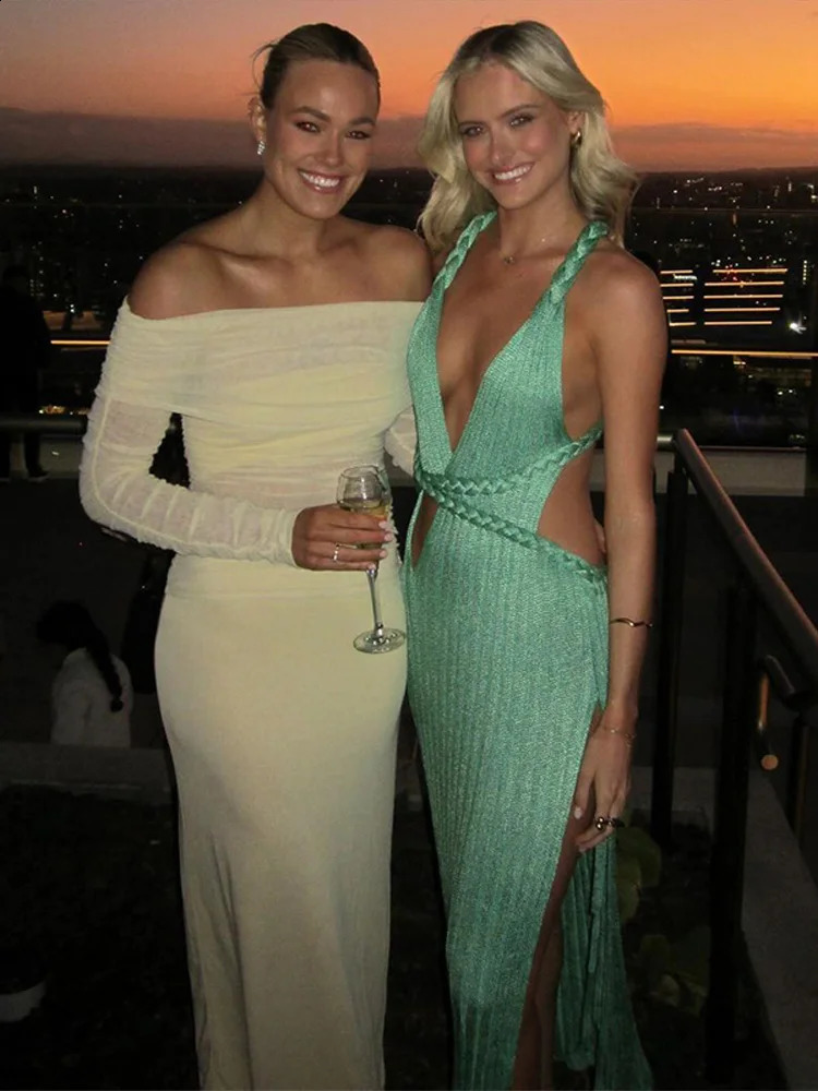 Sexy Knit Hollow Long Dress Women Green Ribbed Backless Vneck High Slit Dresses Female 2025 Autumn Lady Beach Party Robes 251027