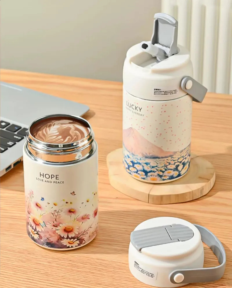 750ml550ml Fashion Flower Stainless Steel 316 Vacuum Flask With Straw And Filter Adult Student Coffee Tea Thermal Bottle 251028 W260226
