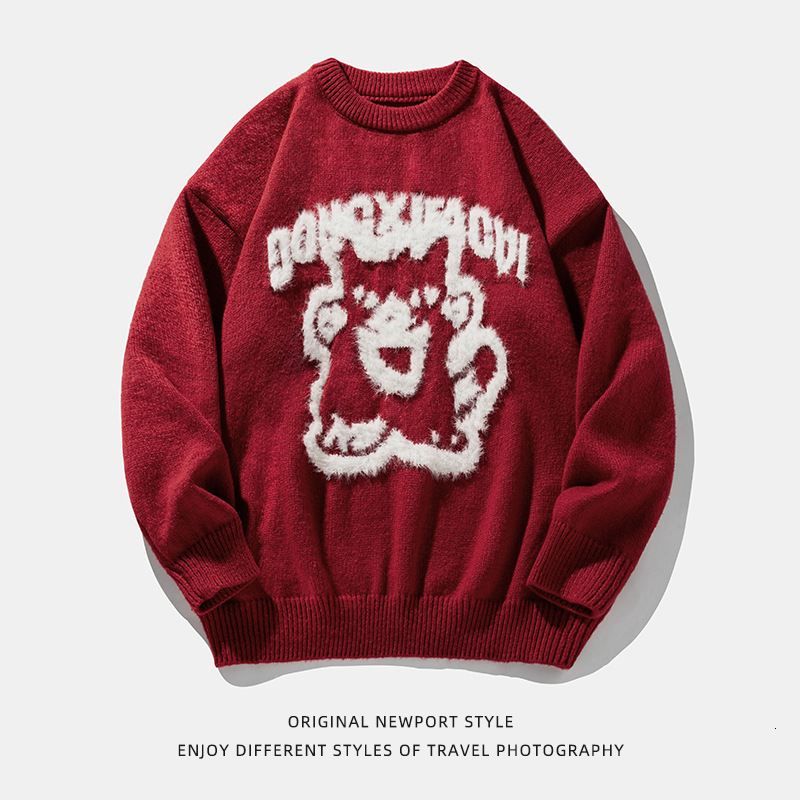 Cartoon Hand-painted Imitation Mink Round Neck Sweater Designer Sweater Men Autumn Winter New Three-dimensional Jacquard Trendy Brand Loose Knitwear C