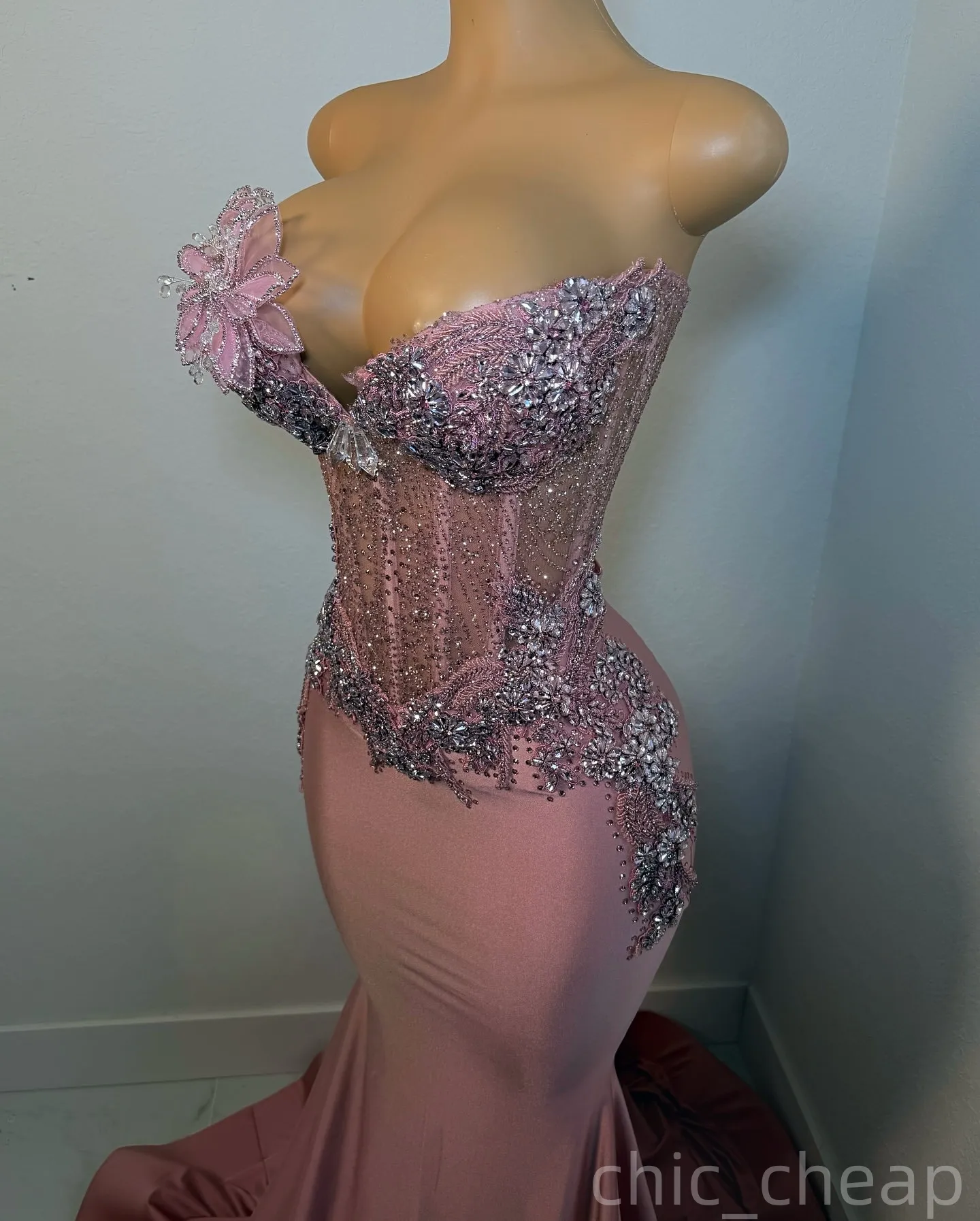 Blush Pink Mermaid Plus Size Prom Dresses 2025 Crystals Florals Satin Evening Formal Party Second Birthday Engagement Gowns Dress For Special Occasion