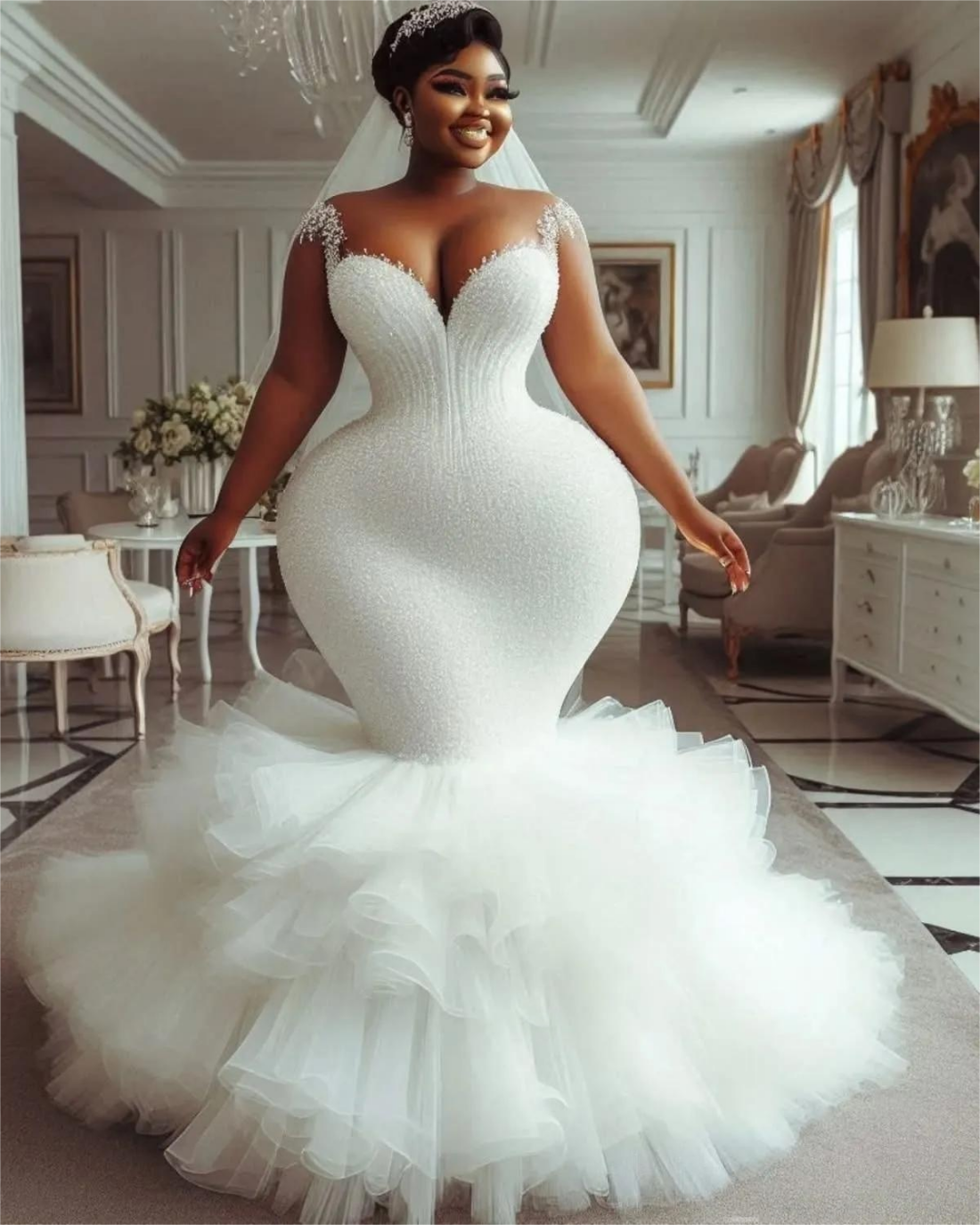 Oversize Aso Ebi Plus Size Wedding Dress in Ivory with Sheer Neck Beaded Sequined and Tulle