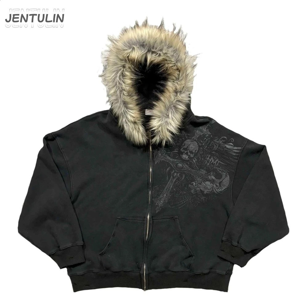 Y2K Retro Zip up Hoodie Faur Collar Harajuku Streetwear Hip Hop Zipper Sweatshirt Hoodies Unisex Rock Goth Loose Punk EMO Jacket 251027