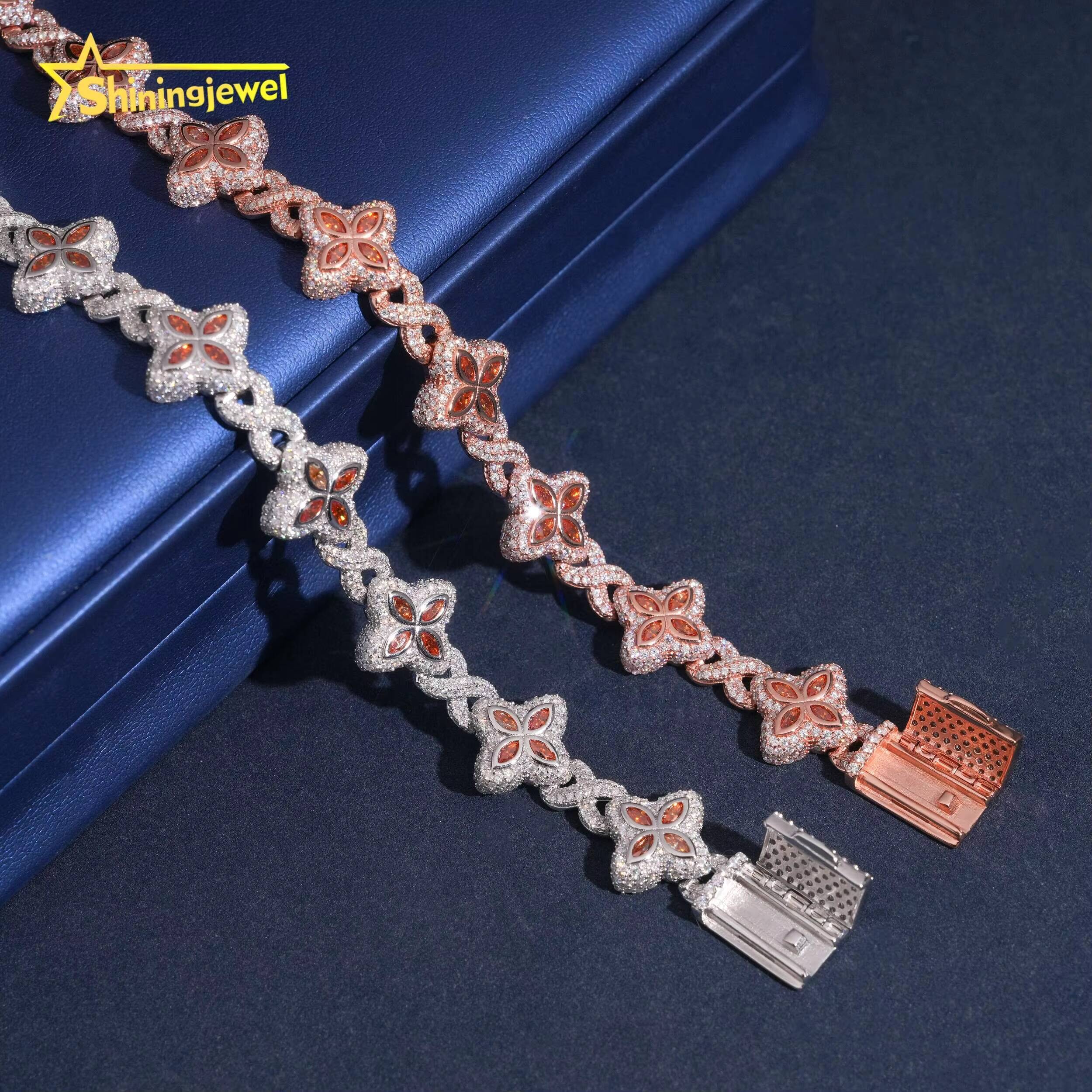 15MM 925 Silver Fanta Color Moissanite Four Leaf Clover Bracelet Hip Hop Jewelry Custom Iced Out Moissanite Cuban Bracelet