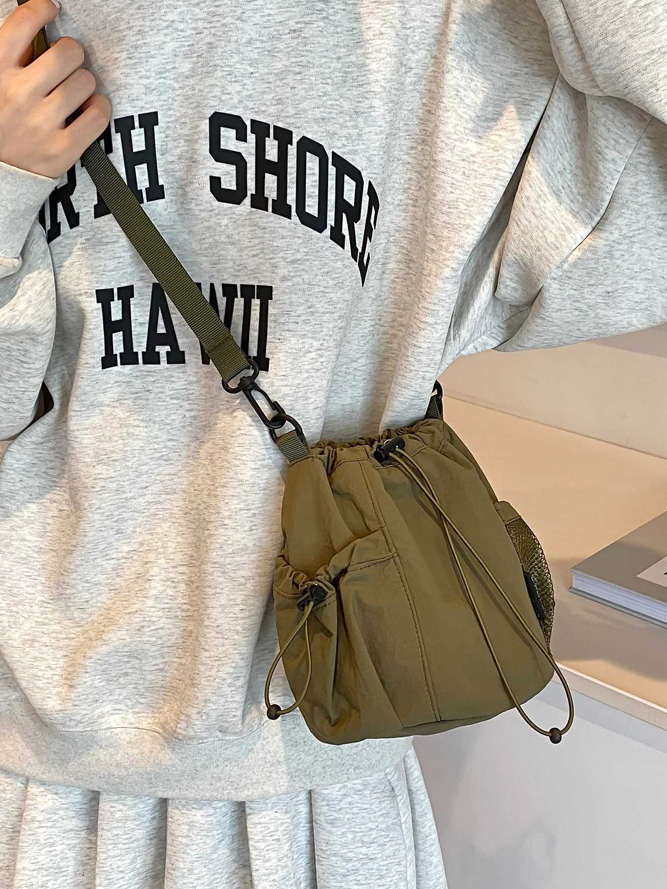 KStyle Niche Nylon Bag for Women 2025 Lightweight and Versatile Ins Crossbody Bag Drawstring Bucket Mobile Phone BagW251028