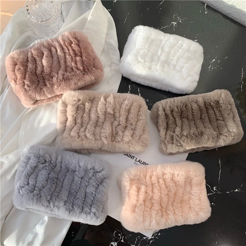 Women Handmade Stretch 100 Rabbit Fur Scarf Knit Genuine Rex Rabbit Fur Headbands Girls Natural Rabbit Fur Ring Scarves 251024