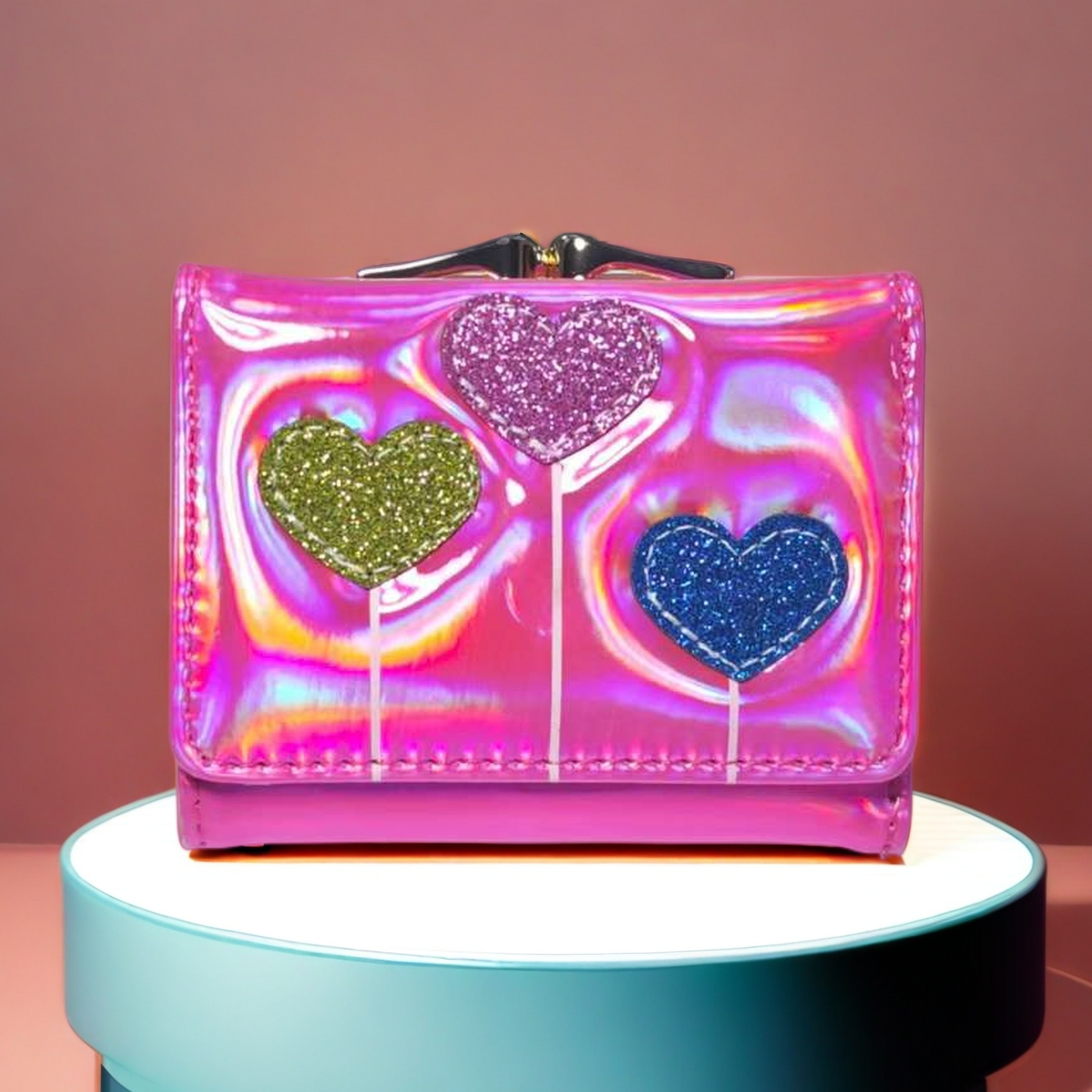 Kids' Holographic Glitter Heart Wallet - Iridescent Clear Mini Purse with Kiss-lock, Cute Colorful Heart Design for Girls, Trendy Small Wallet fo