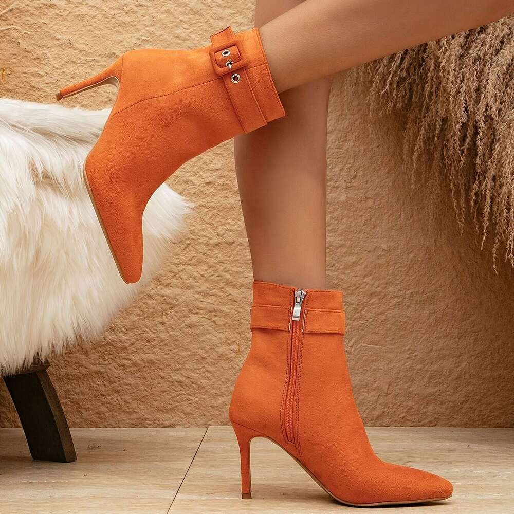 Women's Vibrant Orange Pointed Toe High-Heel Ankle Boots With Buckle Strap Zipper Closure Synthetic Cover Upper, Sturdy Rubber Sole, Net Lining E