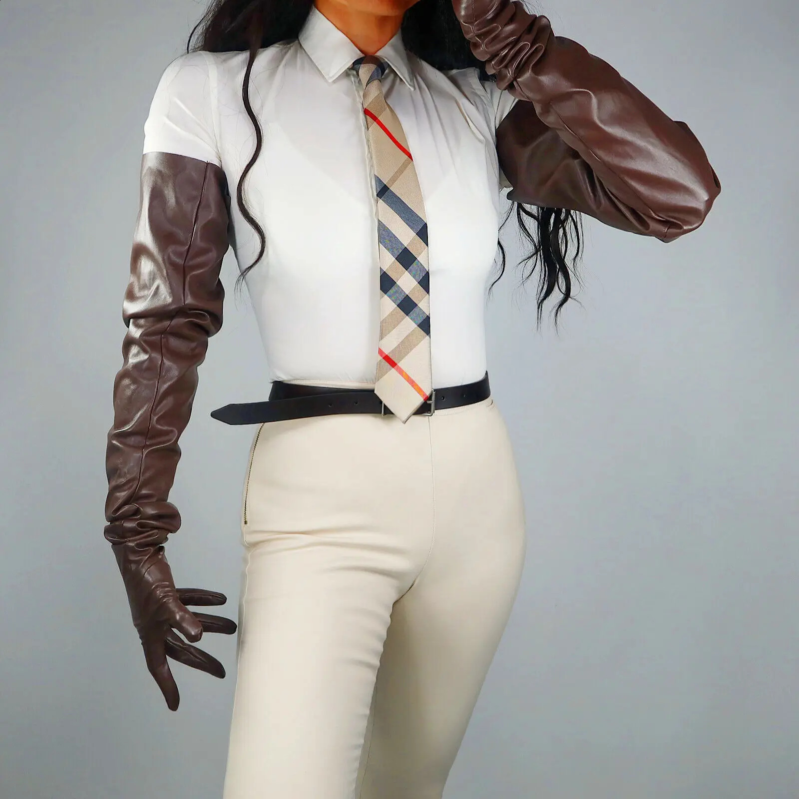 PUFF SLEEVES GLOVES Faux Leather 20 50cm Long Coffee Dark Deep Brown L Loose LLDLLNT 251027