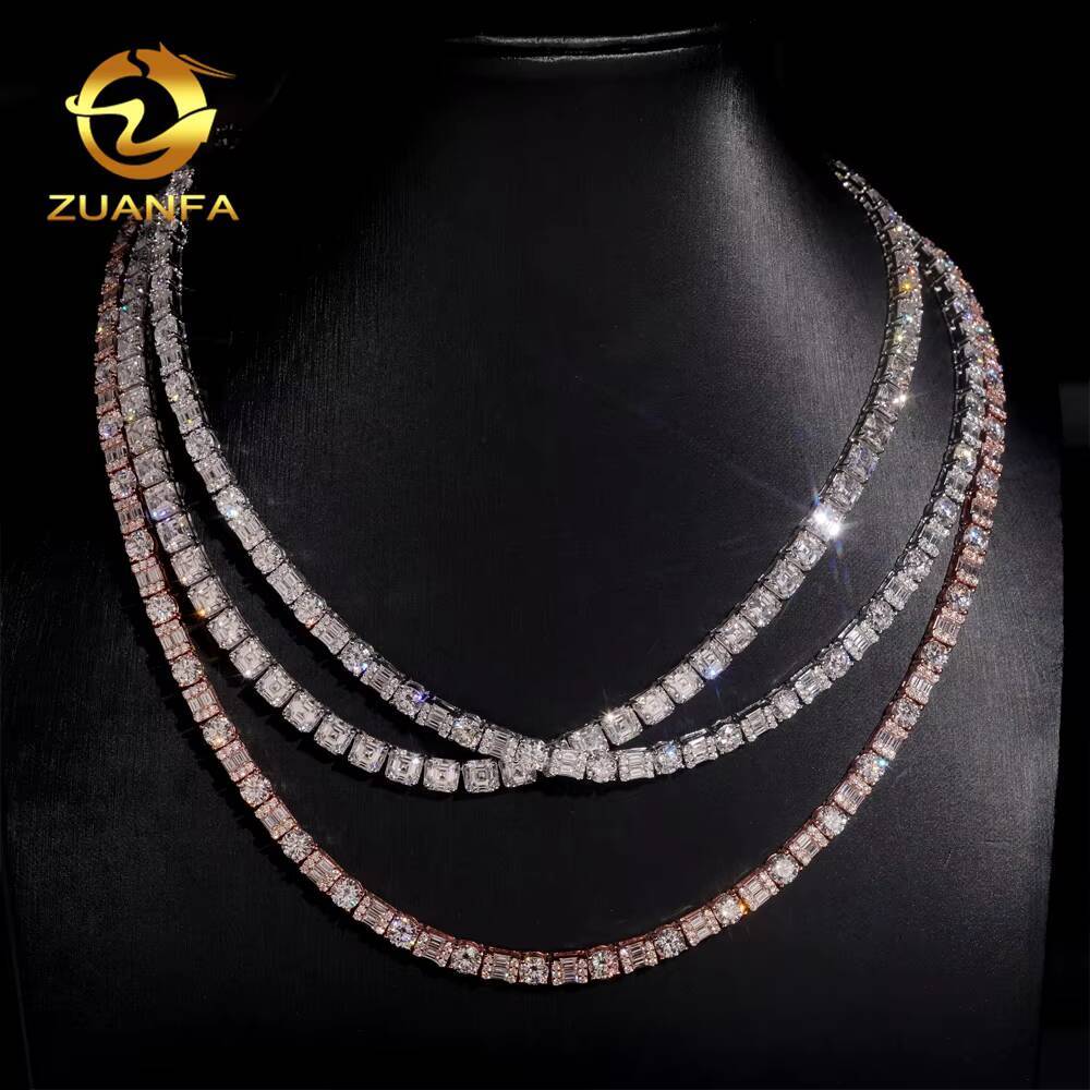 Trending Fancy Cut Moissanite Tennis Chain Necklace Asscher Emerald Baguette 925 Sterling Silver Iced Out Hip Hop Jewelry