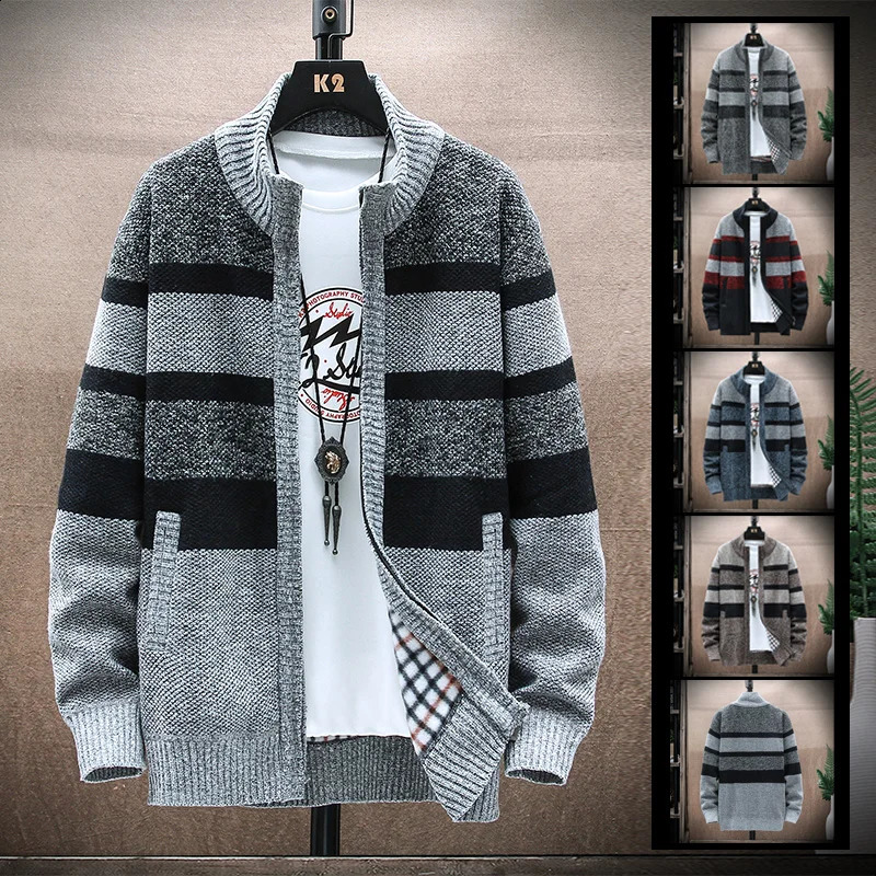 Mens Winter Striped Sweater Cardigan Patchwork Thick Warm Sweaters Coat Fleece Knitwear Zip Up Male Jacket 251017