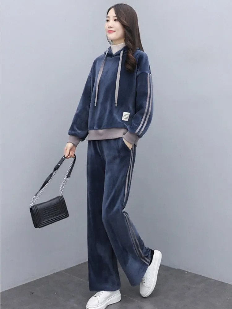 Winter Fleece Lining Thicken Warm Women Velvet Tracksuit Pullover Hooded Sweatshirt Straight Pants Running Sports Two Piece Set 251027