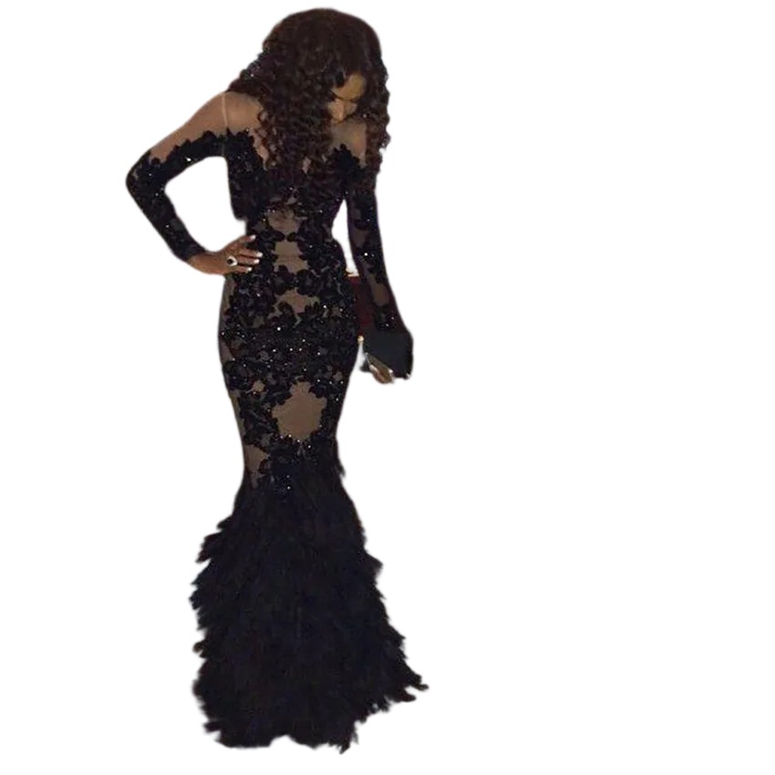 Luxury Black Feather Prom With Long Sleeves Sheer Champange Arabic Evening Real Tulle Mermaid Formal Dresses Gowns Plus Size O28 B0312