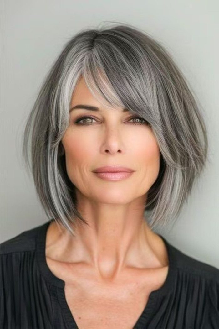Raw hair salt and pepper human hair wigs long bob wigs style with bang fringe mixed highligth silver grey machine made wig natural scalp