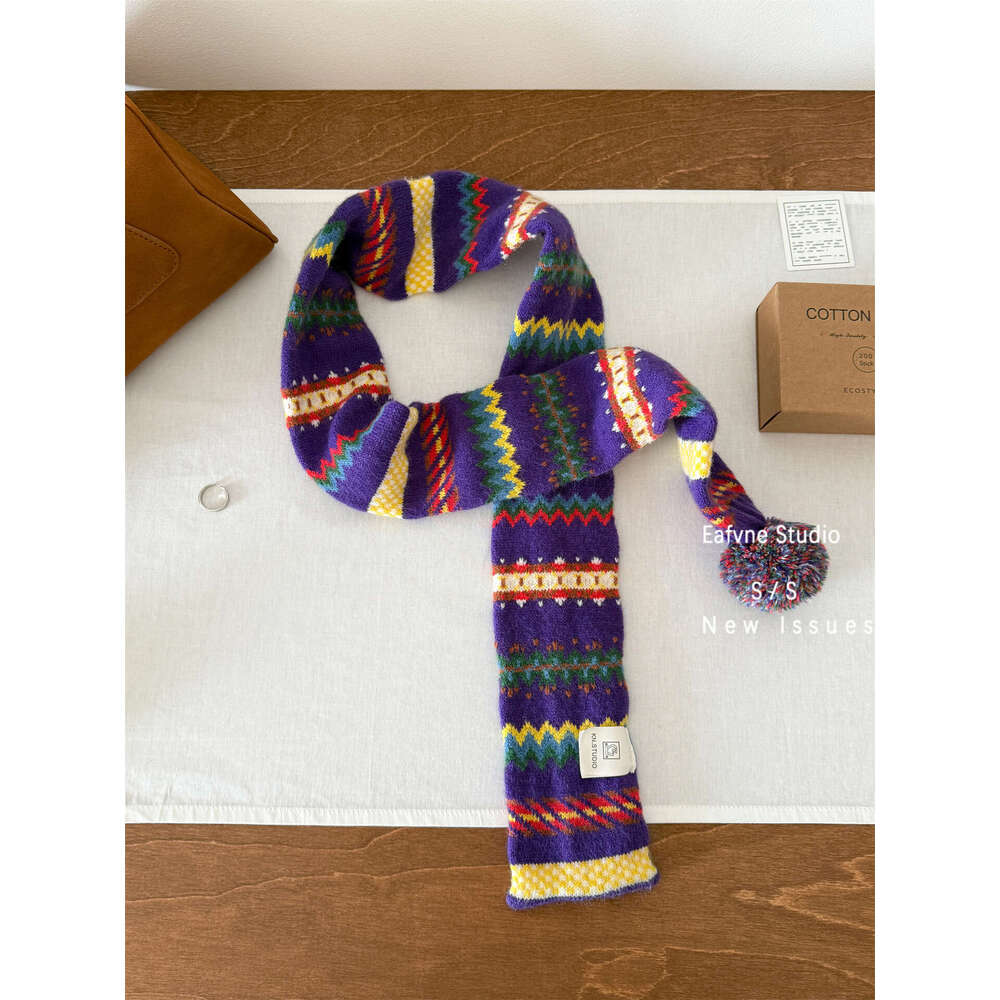 Vintage Dreamy Purple Retro Striped Pom-Pom Scarf Short Autumn Winter Warm Neck Warmer for Women Jacquard