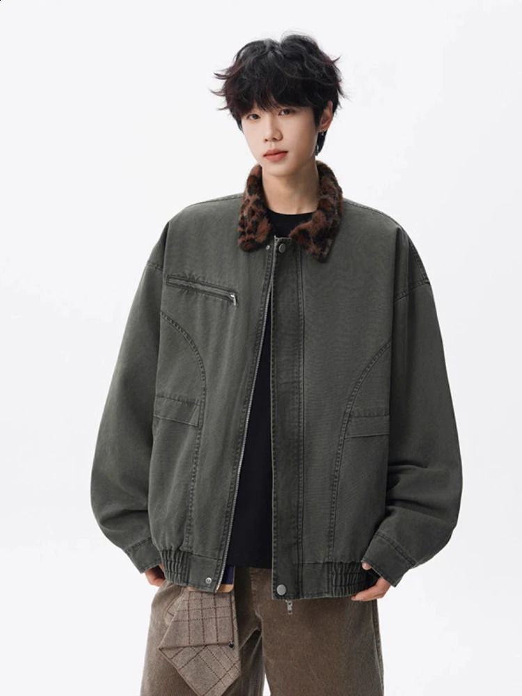Leopard Collar Cargo Jacket Men American Vintage Washed Distressed Denim Coat Oversized Utility Street Edgy Fall Outwear 251017