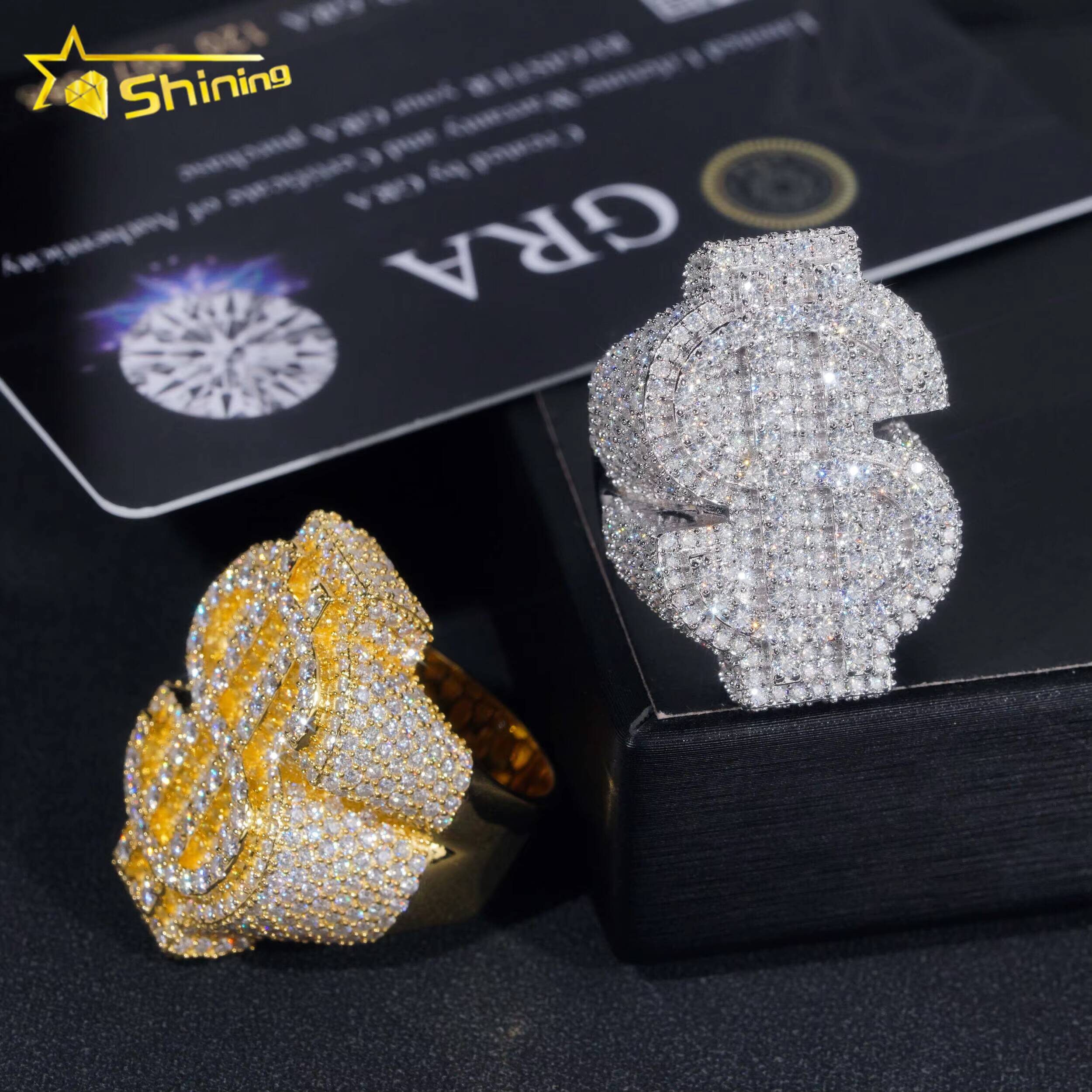 Hot Sale Money Sign Moissanite Diamond Silver Iced Out Design Hip Hop Ring Ready to Ship