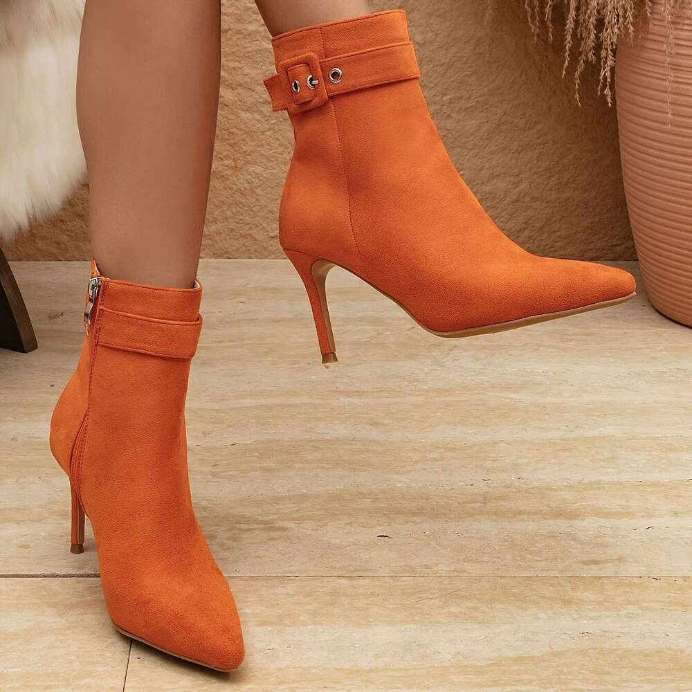 Women's Vibrant Orange Pointed Toe High-Heel Ankle Boots With Buckle Strap Zipper Closure Synthetic Cover Upper, Sturdy Rubber Sole, Net Lining E
