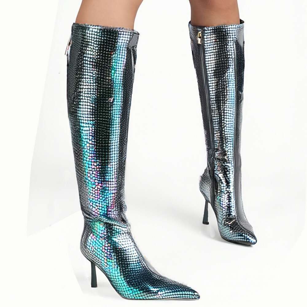 Women's Autumn And Winter Kitten Heel Pointed Toe Boots, Snake Print Metallic Colored Leather Design