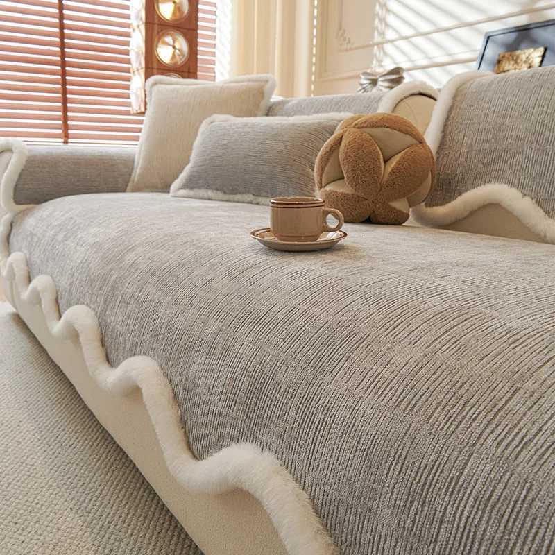 Thick Chenille Wave Striped Sofa Cushion Portable DirtResistant Seat Cushion with Long Furry Edges Cozy Warm Sofa Towel Blanket C251028