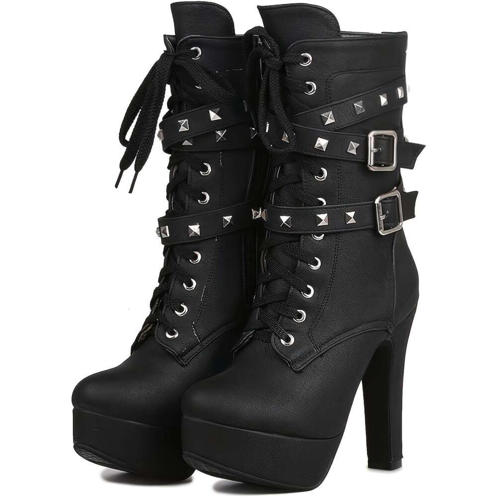Women's Knee-High Boots, Fashion Punk Style, Round Toe, Lace-Up Closure, Block Heel, With Rivet Ankle Strap Detail, PU Upper, Superfine Fiber Lin