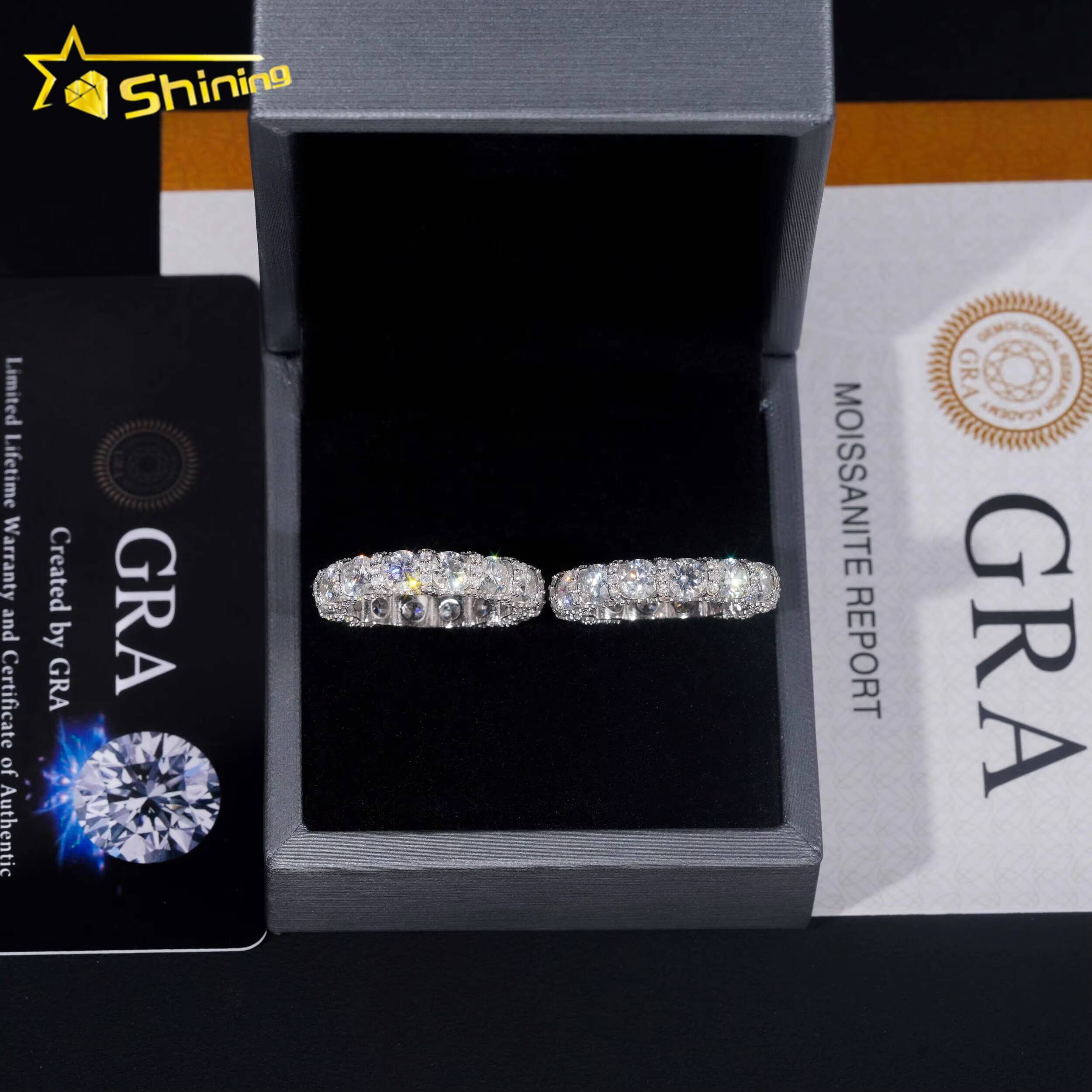 GRA Certified Factory Price Gorgeous Solid 925 Sterling Silver Fine Jewelry Fully Iced Out Moissanite Band Ring Wedding Rings