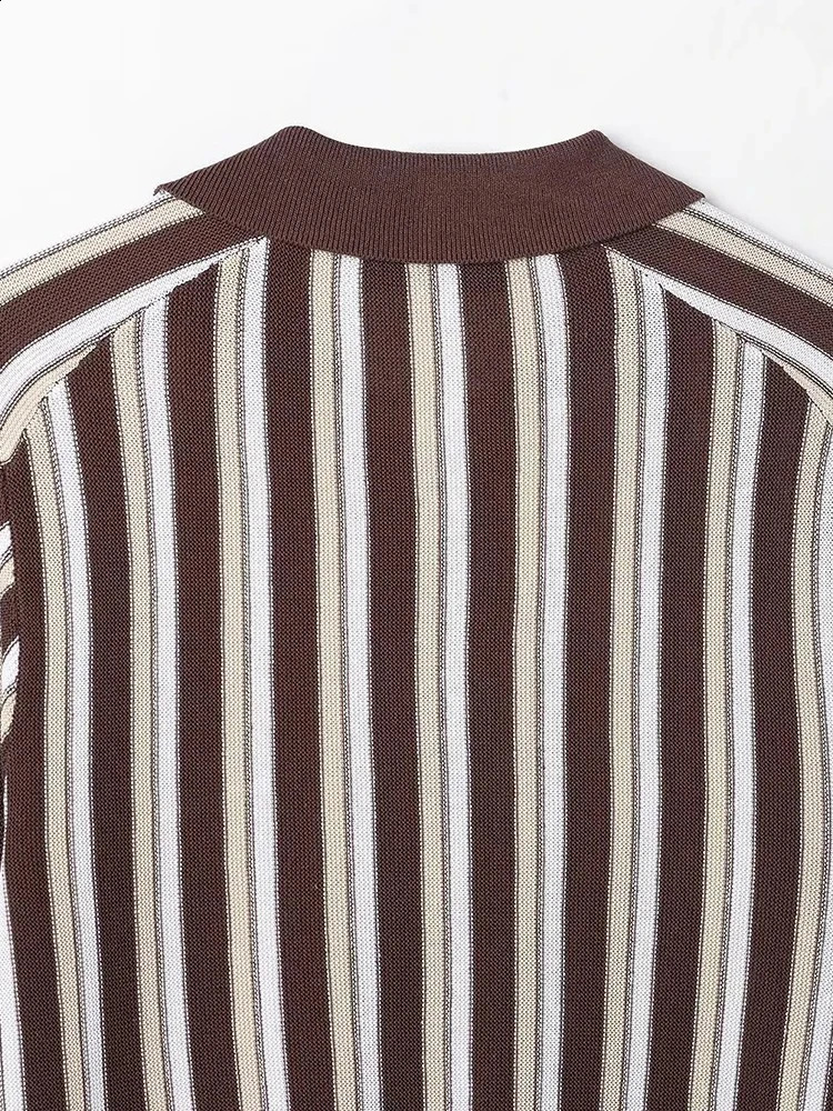 Womens Fashion Simple Slouchy Crash Color Stripe Short Sleeve Single Breasted Knit Polo Top Casual Everyday Versatile Top 251027