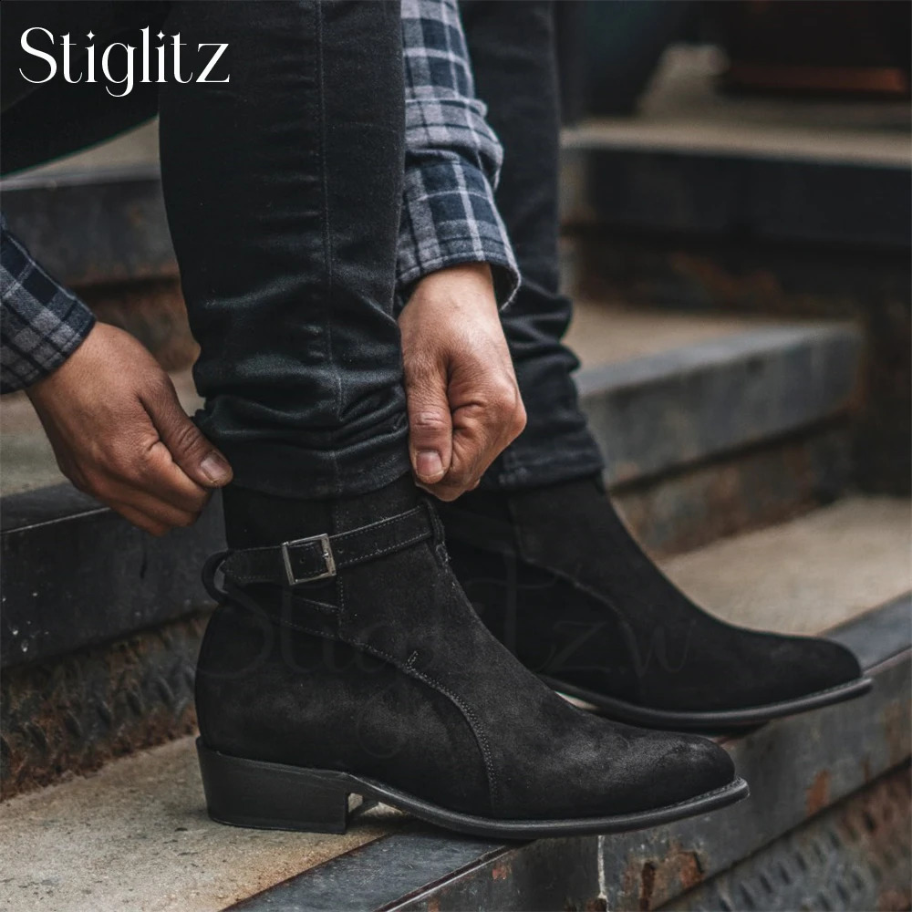 Functional Square Buckle Booties for Men Black Suede Genuine Calf Leather Ankle Boots HandSewn Timeless Style Mens Ankle Boots 251023