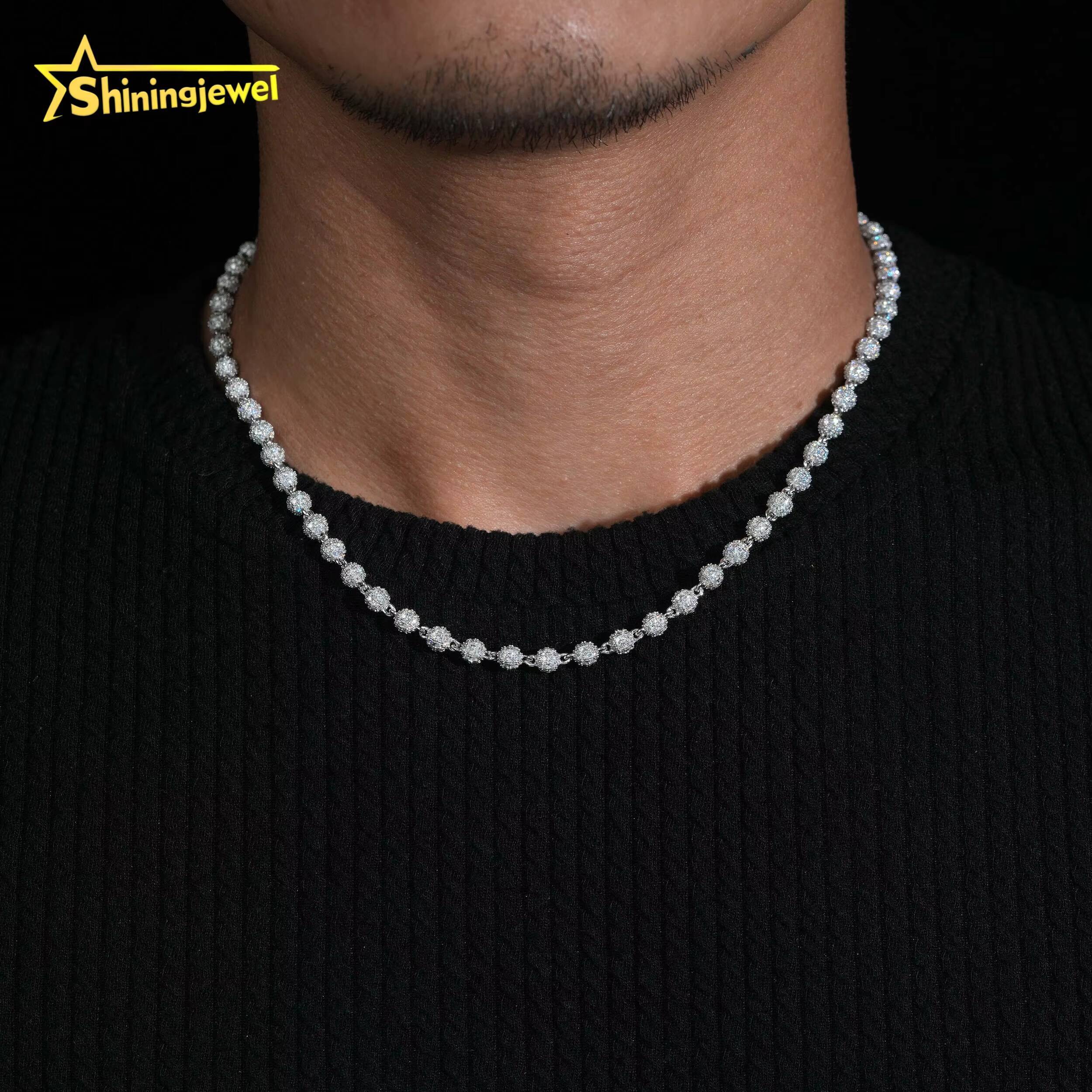 New Design 5mm Hip Hop Style Necklace 925 Silver Jewelry Iced Out VVS Moissanite Diamond Ball Beaded Cuban Link Chain Men Women