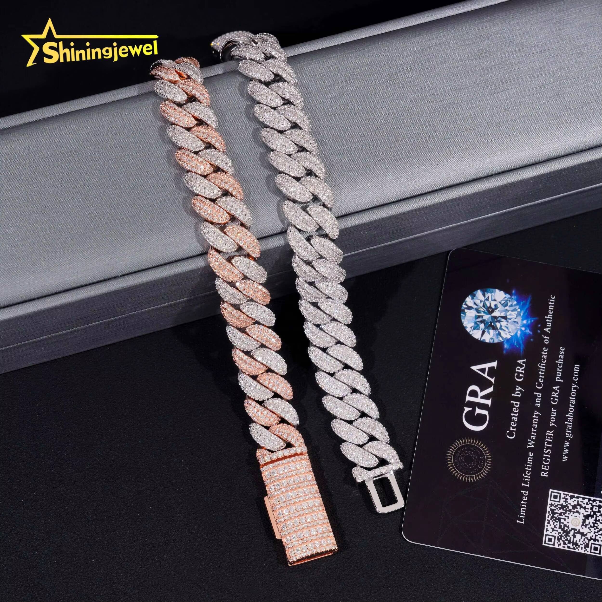 High Quality Iced Out Moon Shape 925 Silver Two Tone Hip Hop 13mm Mens Moissanite Cuban Link Bracelet