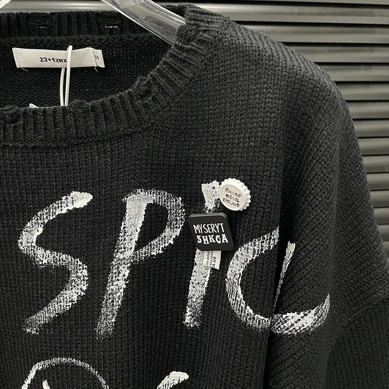 DEAT 2025 Autumn Fashion n Letter Printed Knit Sweater Top For Women Loose High Waist Oneck Pullover Female 11A05680 251027