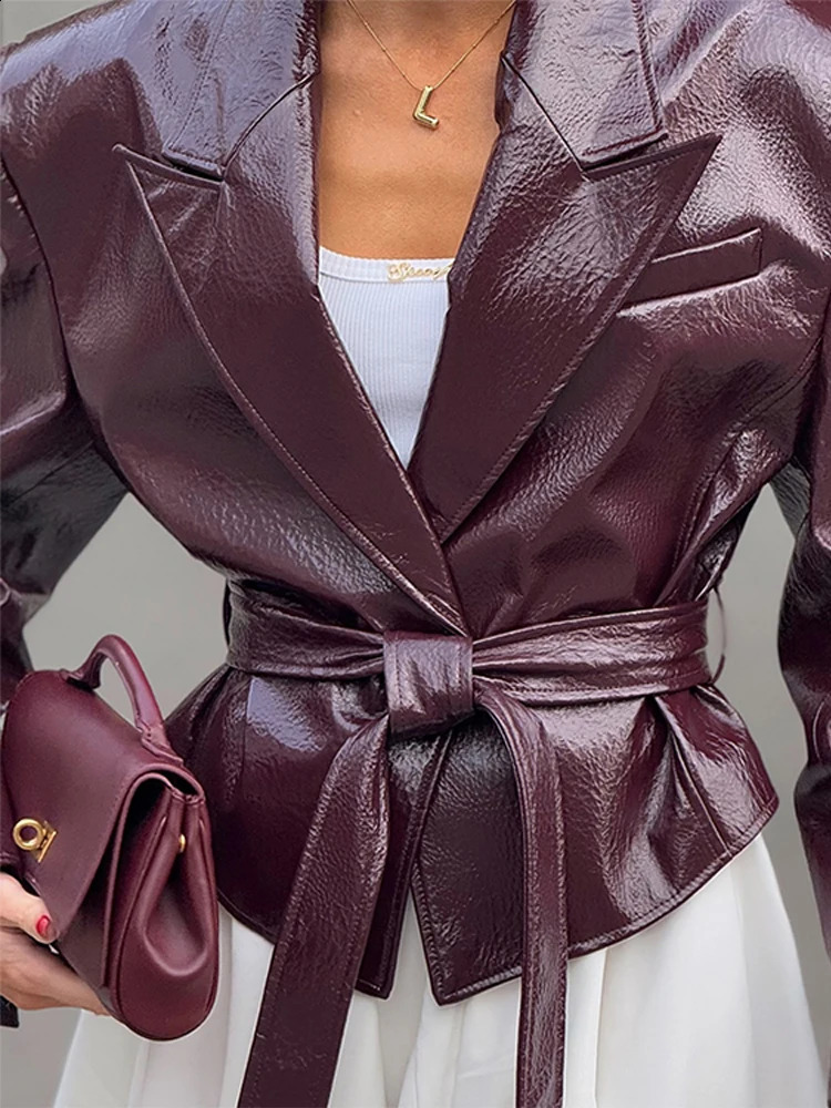 Vintage Womens Leather Jacket With Belt Slim Lace Up Lapel Long Sleeve Short Coat 2025 Autumn Lady High Street Y2k Outerwear 251027