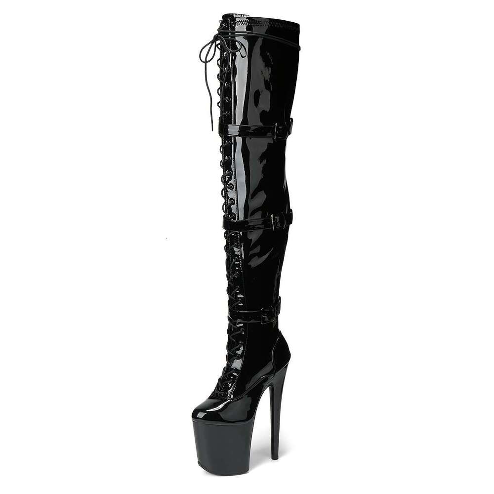 Women's 8" Platform Thigh - Glossy Black PU Cover Stiletto Boots With Zipper Closure, Round Toe Rubber Sole, All-Season Versatile For Casual