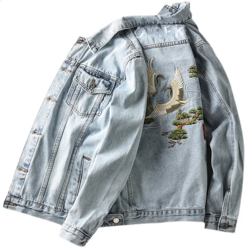 Autumn Winter Mens Embroidered Turn Collar Denim Coats Vintage Slim Fit Motorcycle Bomber Jean Jackets Streetwear Top 251017