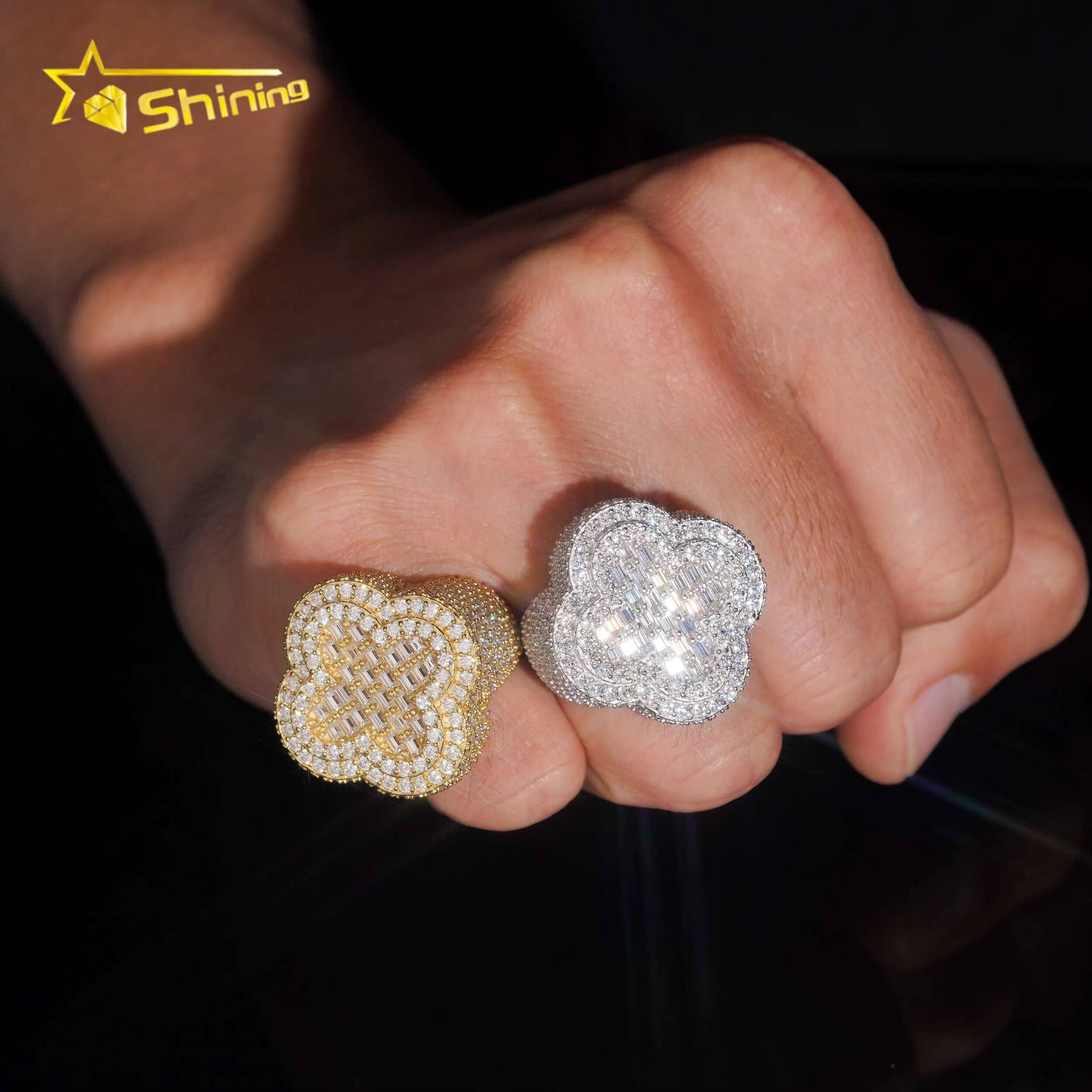 Iced Out Flower Ring GRA Moissanite Pass Diamond Test 925 Sterling Silver Gold Plated Moissanite Hip Hop Rings