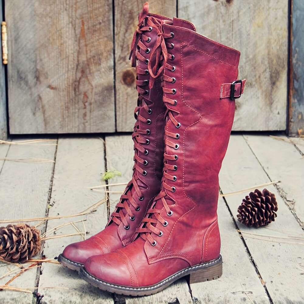 Women's Knee-High Slouch Lace-Up Opening, Low Heel Round Toe Faux Cover All-Season Zipper Closure Cushioned Insole Red/Black/Brown Western Dress,