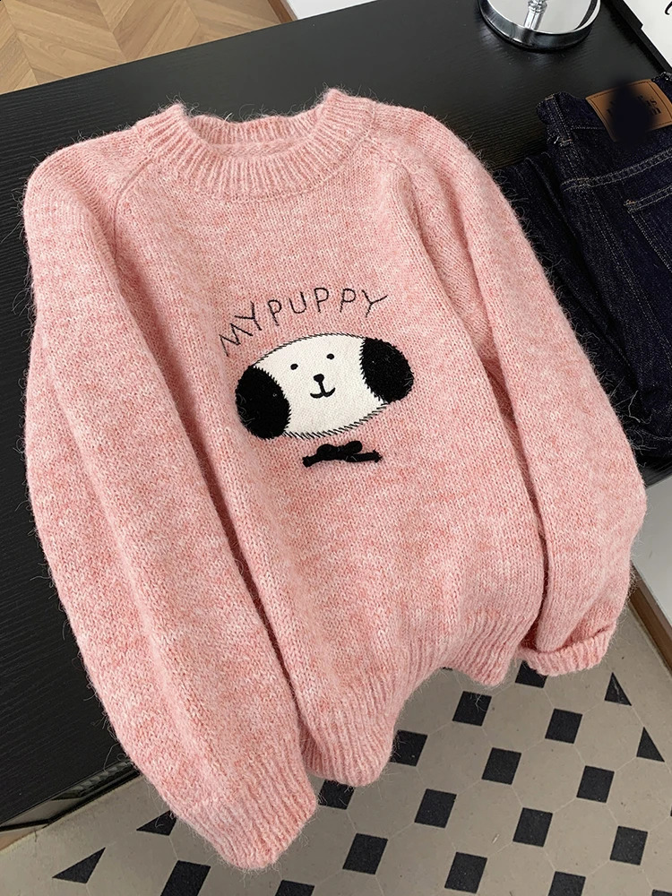 Pink Sweet Cartoon Sweaters Women Lazy Wind Long Sleeve Cute Knitted Jumper Japan Kawaii Lady O Neck Fall Winter Letter Pullover 251027
