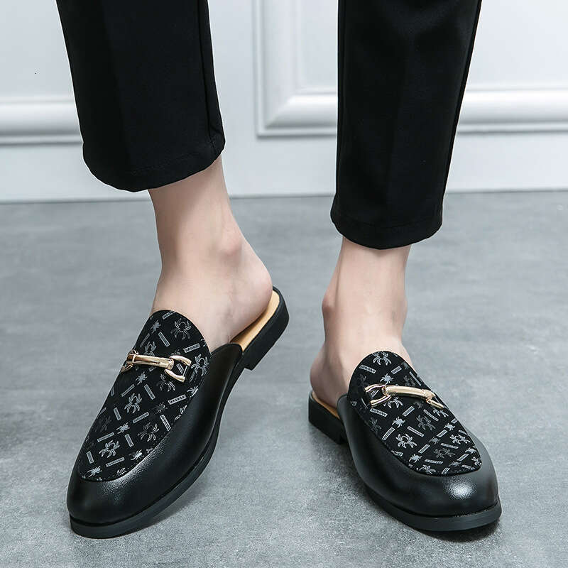 Free shipping Summer New Casual Trendy Breathable Half-Slip One-Strap Leather Size 38-46 No Heel Lazy Shoes for Men