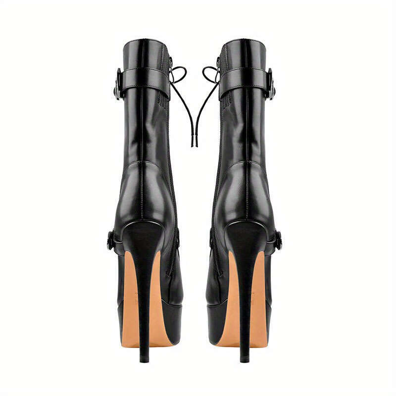 Women's Black Faux Cover Ankle With Double Buckles, Decorative Straps, And Side Zipper - High Heel Platform Short Boots For Fashionable Style, St