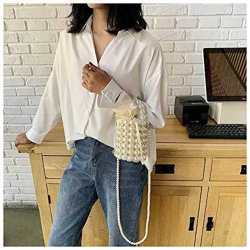 Elegant Womens Handbag with Detachable Pearl Chain Shoulder Strap Handmade Bucket Bag for Dinner Party Evening Gown H251027