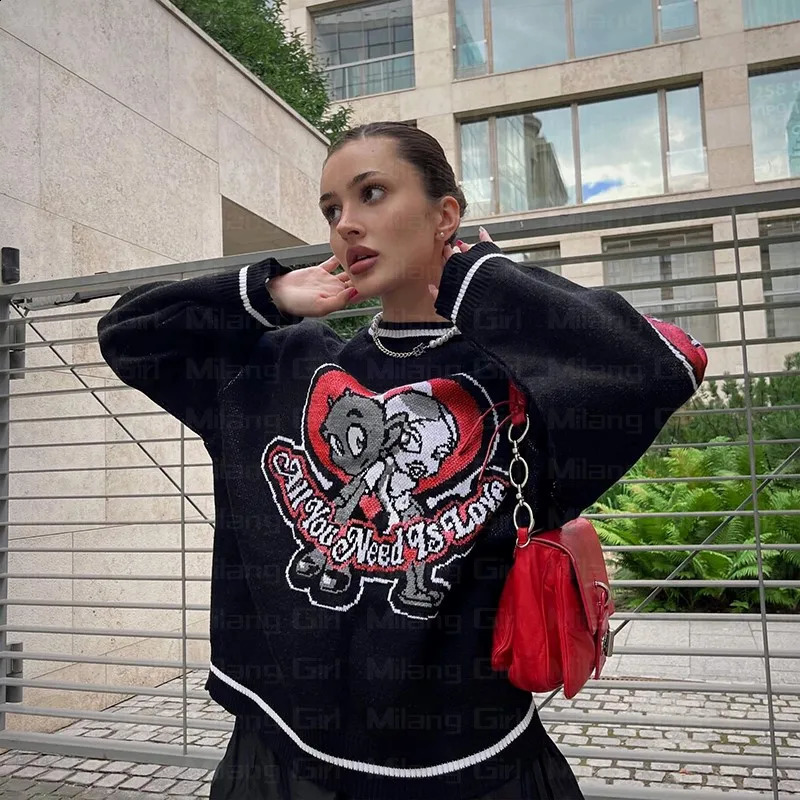 Oversize Sweater Women Y2k letter graphics Tops Long Sleeve Jumper Knitted Autumn Korean Goth Grunge Harajuku Pullover Clothing 251027