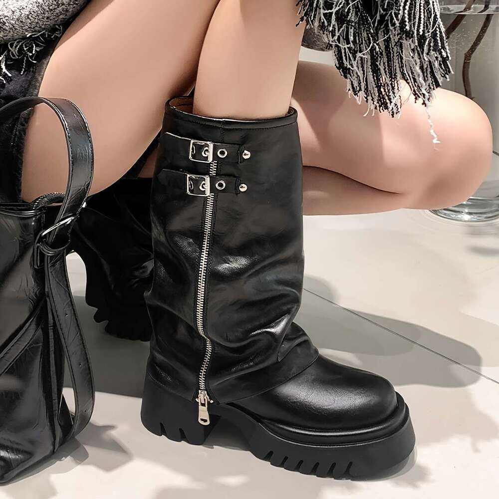 Women's Round Toe Mid Knee High Platform Slouch Fold Over Tall Riding Low Heel Wide Calf Boots