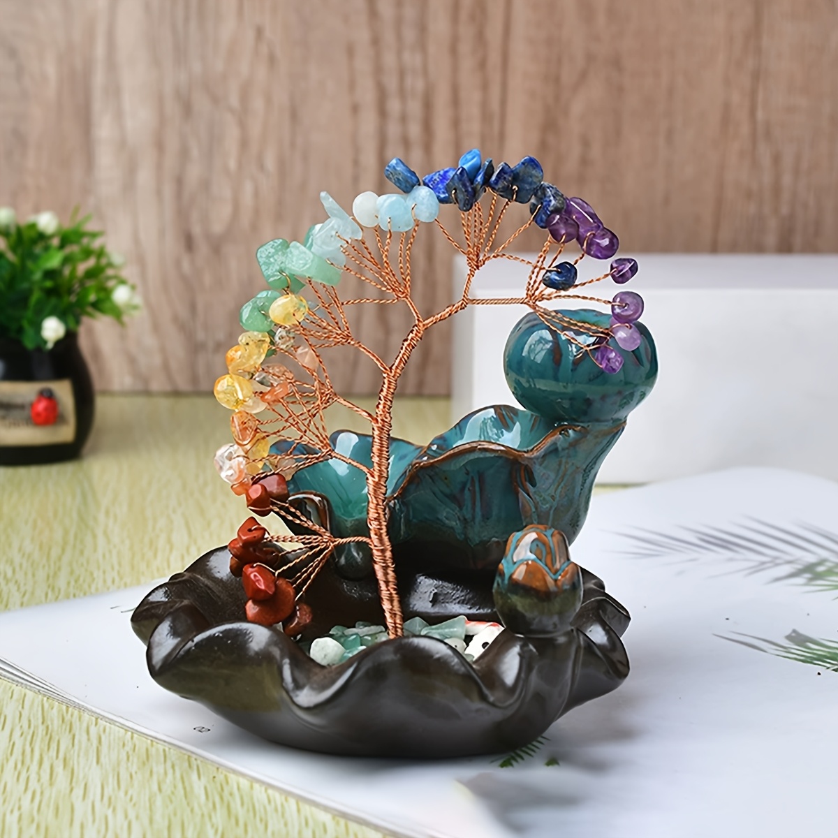 Designer Handmade Wealth Tree with Colorful Crystal Stone Woven Ornament, Colorful Bohemian Style Home Decor, Holiday Gift