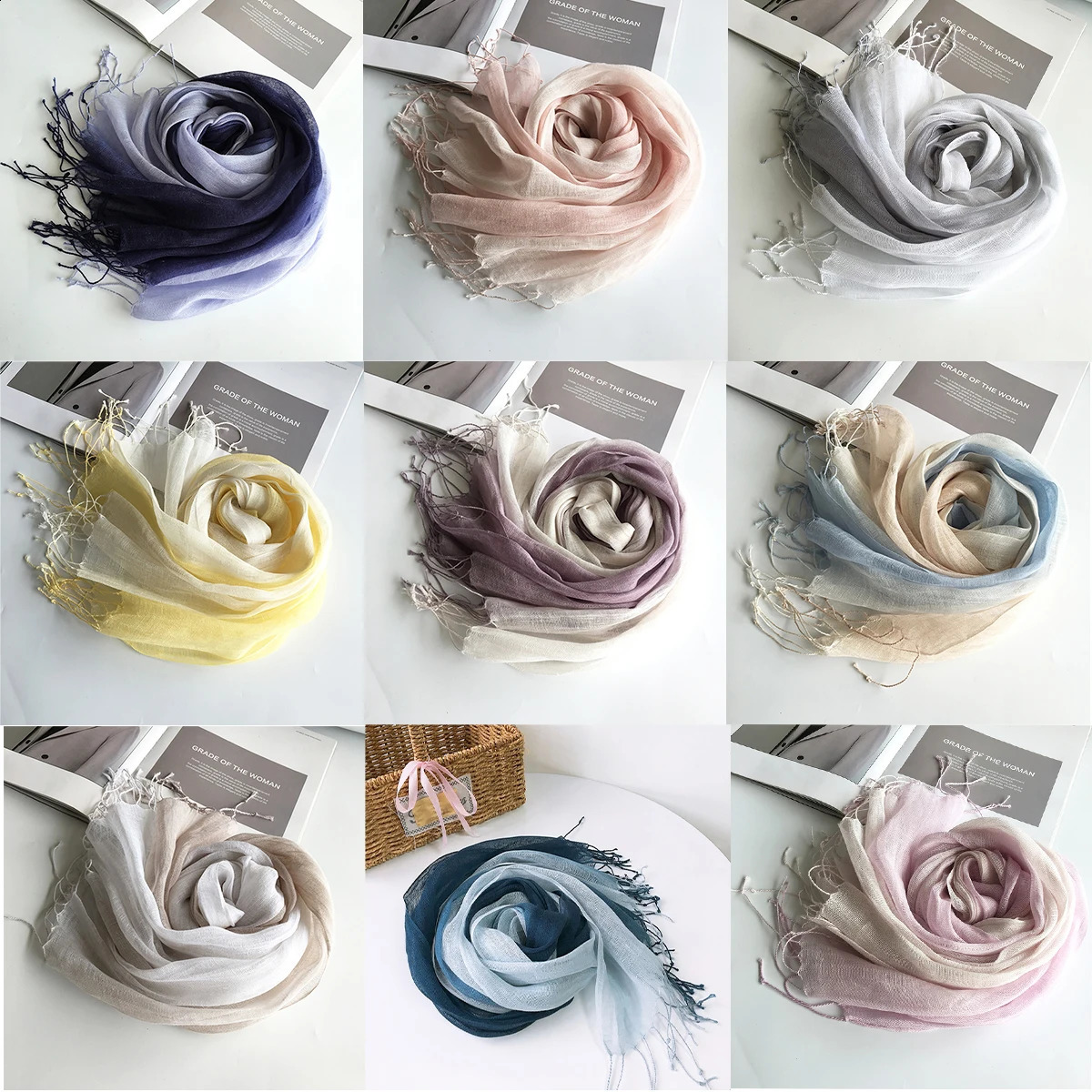 100 linen gradient color springsummer womens scarf 251027
